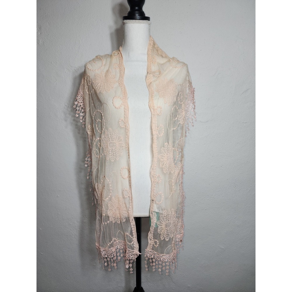 Maurices Lace Wrap Shawl Womens OS Pink Floral Mesh Crochet Trim Tassel NEW